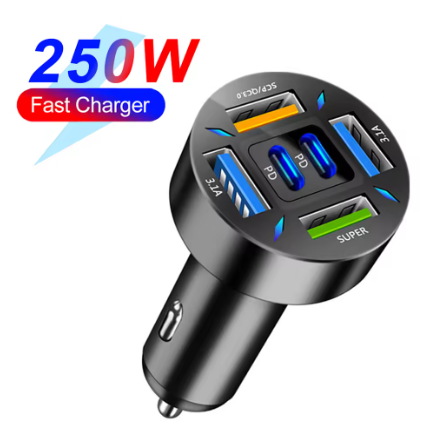 66-250W PD Car Charger QC3.0 Fast Charge One to Six Car Cigarette Lighter Plug Car Charger