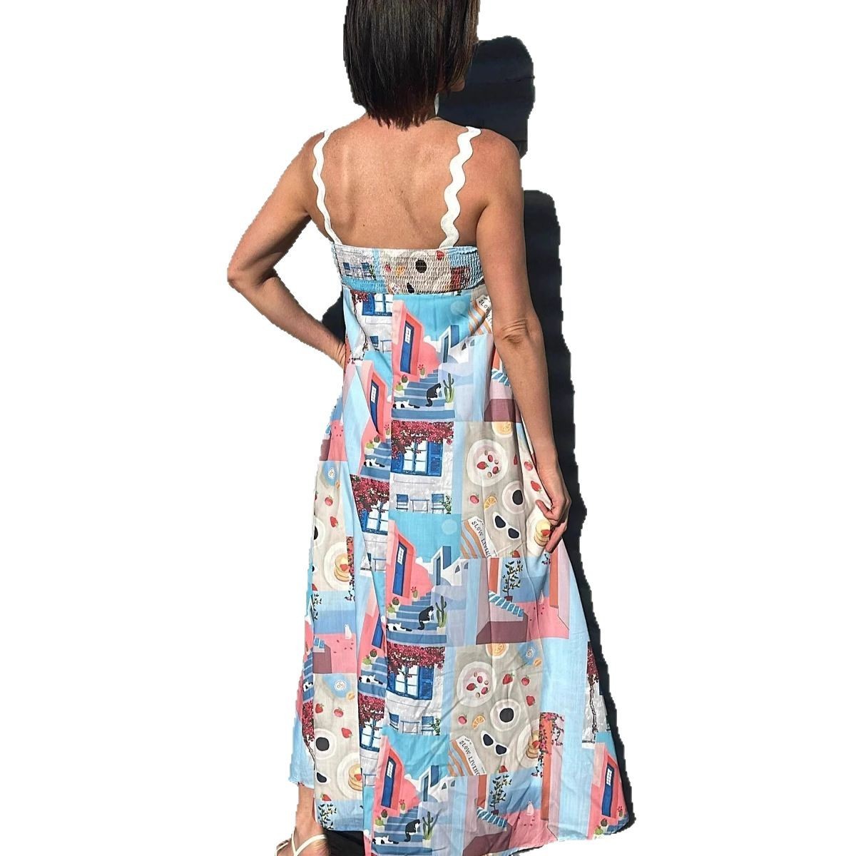 Spaghetti-strap Floral Print Lace Stitching Dress