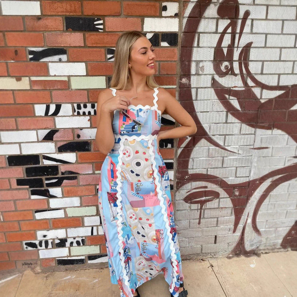 Spaghetti-strap Floral Print Lace Stitching Dress