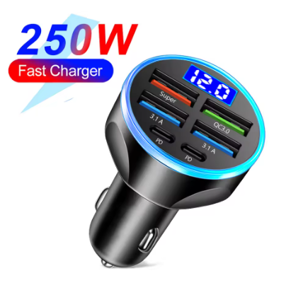 66-250W PD Car Charger QC3.0 Fast Charge One to Six Car Cigarette Lighter Plug Car Charger