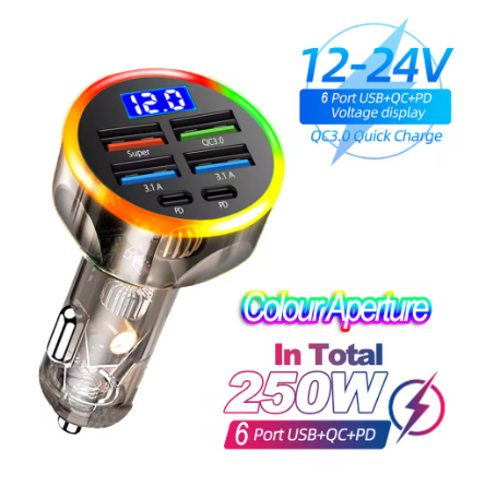 66-250W PD Car Charger QC3.0 Fast Charge One to Six Car Cigarette Lighter Plug Car Charger