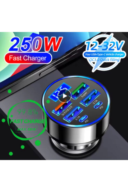 66-250W PD Car Charger QC3.0 Fast Charge One to Six Car Cigarette Lighter Plug Car Charger
